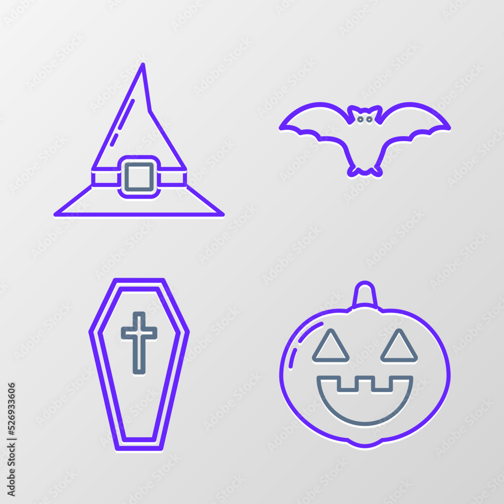 Set line Pumpkin, Coffin with christian cross, Flying bat and Witch hat icon. Vector Set line Pumpkin, Coffin with christian cross, Flying bat and Witch hat icon. Vector