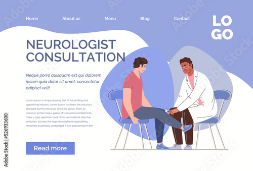 Diagnosis and treatment of neurological diseases. Character of neurologist checks patient reflexes with medical hammer. Flat cartoon illustration. Vector. Web template, landing page.