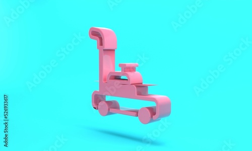 Pink Lawn mower icon isolated on turquoise blue background. Lawn mower cutting grass. Minimalism concept. 3D render illustration