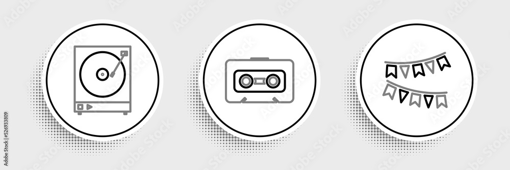 Set line Carnival garland with flags, Vinyl player vinyl disk and Retro audio cassette tape icon. Vector Set line Carnival garland with flags, Vinyl player vinyl disk and Retro audio cassette tape icon. Vector