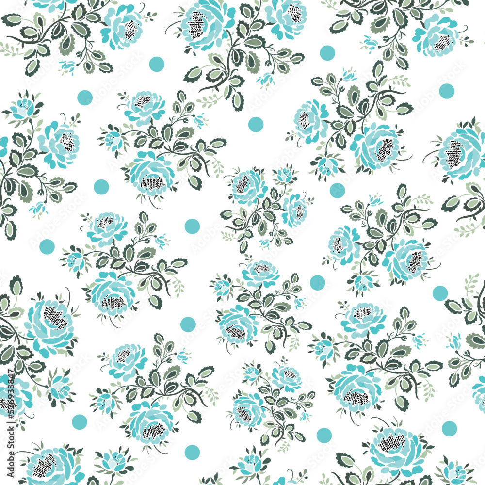 Blue roses with dots seamless pattern