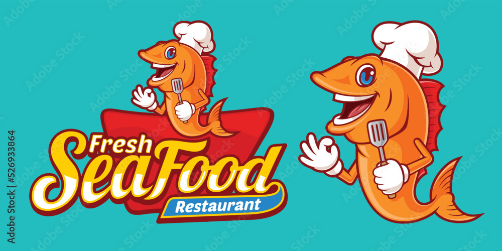 Fototapeta premium Delicious fresh seafood logo template, with cute cartoon fish chef characters