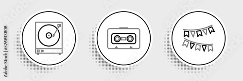 Set line Carnival garland with flags, Vinyl player vinyl disk and Retro audio cassette tape icon. Vector