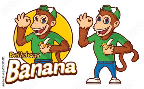 Delicious banana with monkey cartoon character