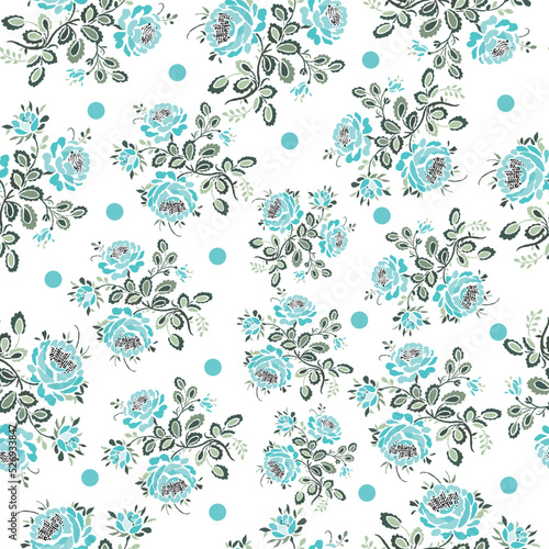 Blue roses with dots seamless pattern