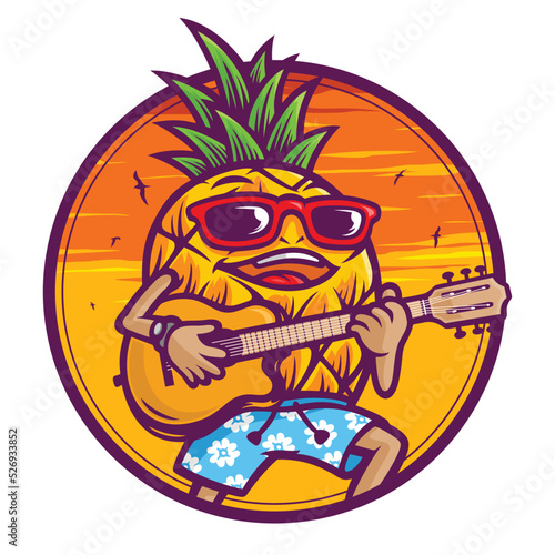 Pineapple mascot character playing guitar in summer