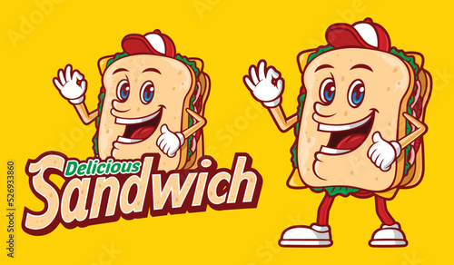 Delicious sandwich with funny cartoon character and combined typography