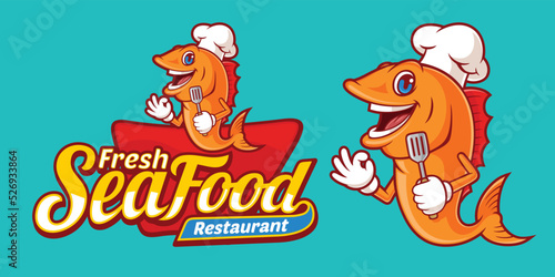 Delicious fresh seafood logo template  with cute cartoon fish chef characters