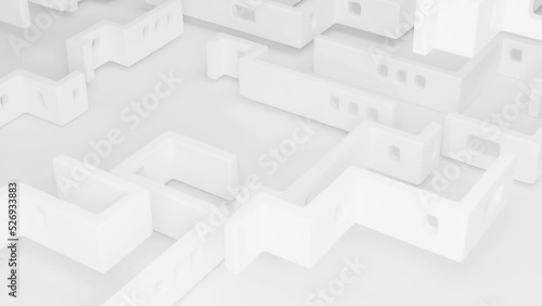 Walls falling gradually from above forming labyrinth structure abstract white architecture background, 3d animation
