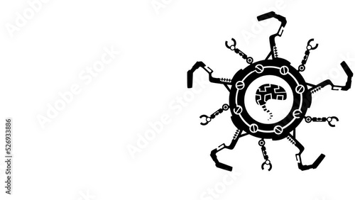 Robotic running wheel black silhouette crossing screen once, repeating endless loop, horizontal 2d animation
