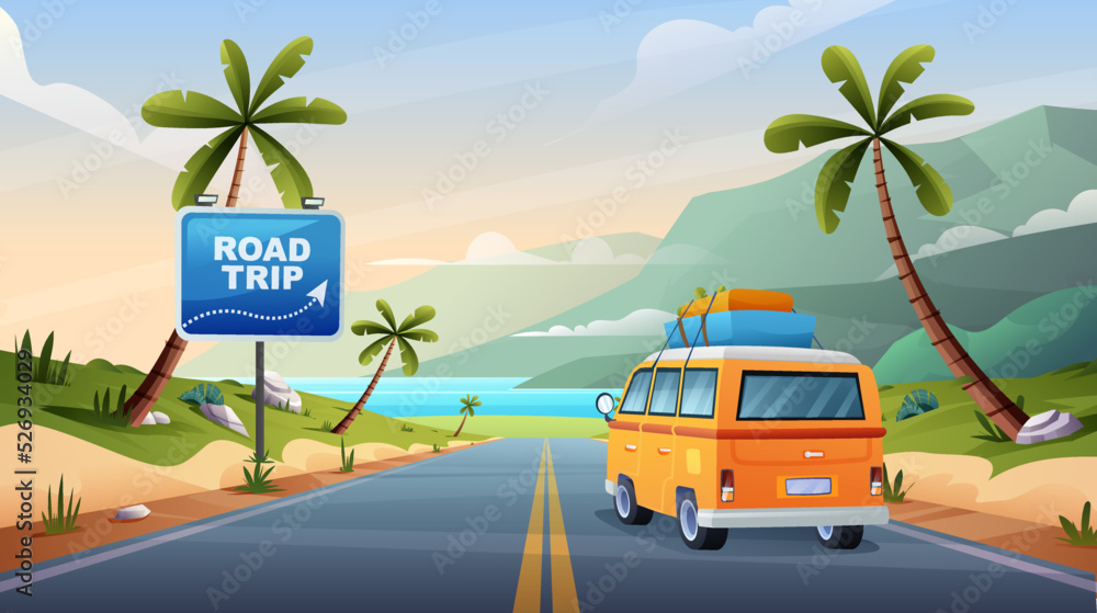 Road trip vacation by car on highway with beach and hills view concept  cartoon illustration Stock Vector