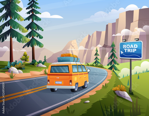 Road trip vacation by car on mountain highway with rocky cliffs view concept cartoon illustration