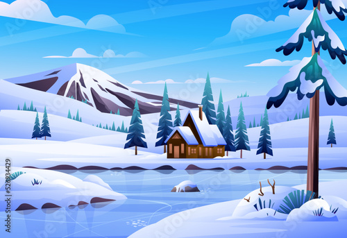 Winter landscape with a house, frozen lake and mountain background cartoon illustration