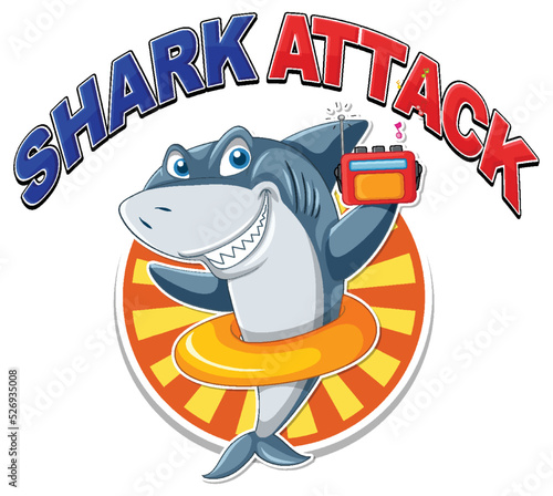 Shark attack icon with shark cartoon character wearing inflatable ring