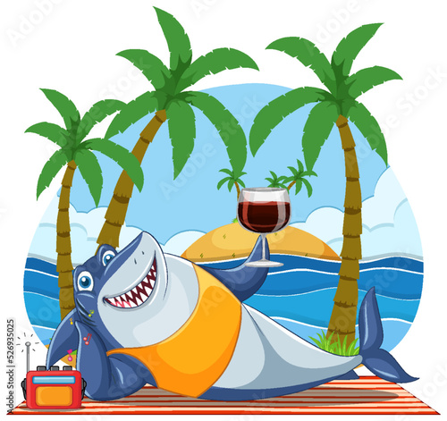 Shark cartoon character relaxing on the beach