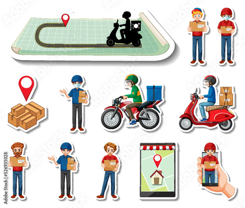 Sticker set of delivery objects and cartoon characters