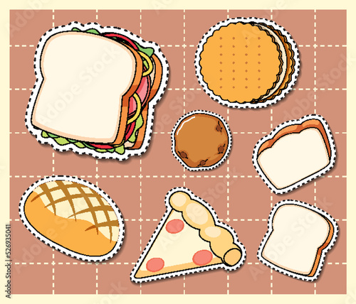 Mixed food cartoon sticker on grid background