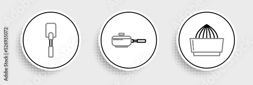 Set line Citrus fruit juicer, Spatula and Frying pan icon. Vector
