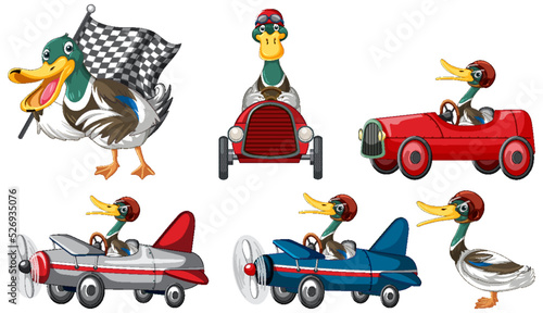 Soap box derby race with duck cartoon character