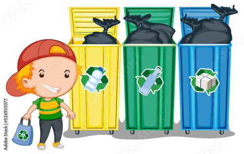 Little boy standing beside recycling bins