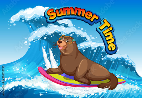Sea lion on surfboard in the ocean
