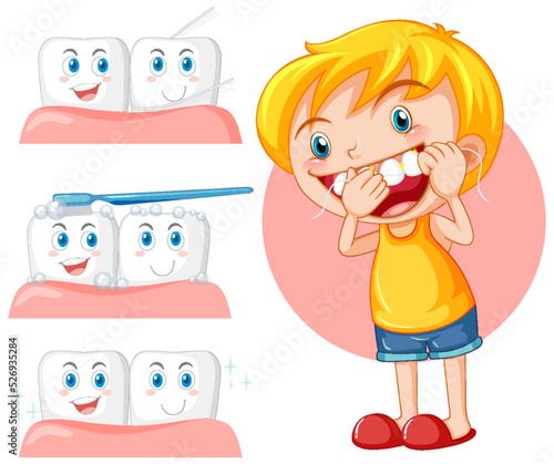 Cute girl cartoon character flossing teeth