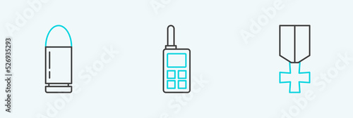 Set line Military reward medal, Bullet and Walkie talkie icon. Vector