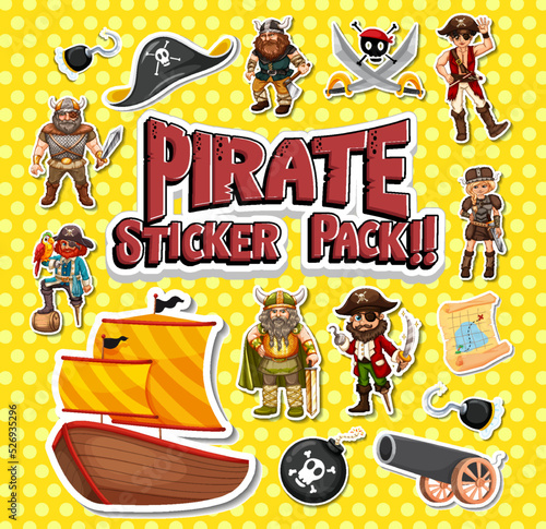 Sticker pack of pirate cartoon characters and objects