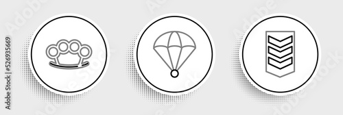 Set line Military rank, Brass knuckles and Parachute icon. Vector