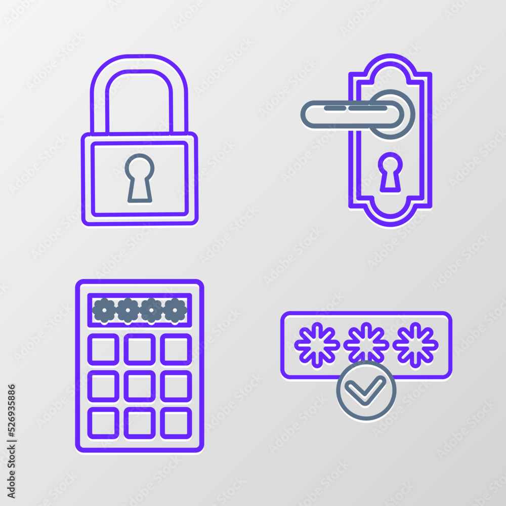 Set line Password protection and safety access, Door handle and Lock icon. Vector Set line Password protection and safety access, Door handle and Lock icon. Vector