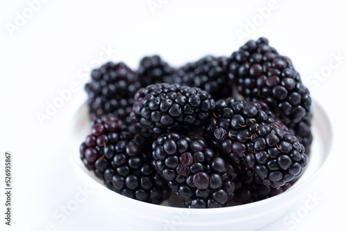 A view of a bowl of blackberries, against a white background.