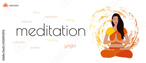 Vector banner with a meditating woman. An Indian woman does yoga and meditates in the lotus pose. No stress, mindfulness, inner balance. Horizontal banner for webs