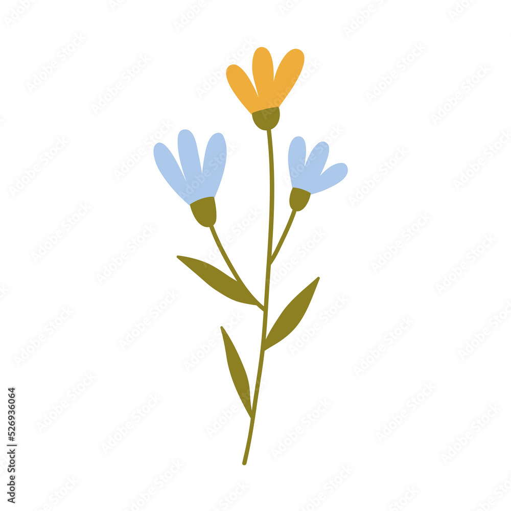 Cute flowers with leaves isolated on white background. Vector illustration in hand-drawn flat style. Perfect for cards, logo, decorations, spring and summer designs. Botanical clipart.