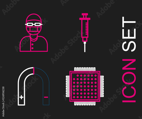 Set line Processor, Magnet, Syringe and Assistant icon. Vector