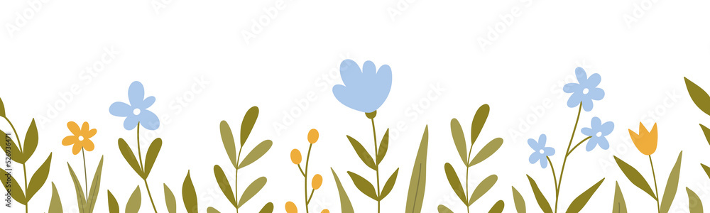 Seamless horizontal border with cute flowers and leaves. Botanical background. Perfect for decorations, greeting cards, banner designs. Vector illustration in hand-drawn flat style. Seamless horizontal border with cute flowers and leaves. Botanical background. Perfect for decorations, greeting cards, banner designs. Vector illustration in hand-drawn flat style.