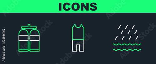 Set line Rain and waves, Aqualung and Wetsuit for scuba diving icon. Vector