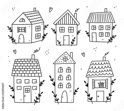 Set with cute tiny houses isolated on white background. Sweet home collection. Vector hand-drawn illustration in doodle style. Perfect for decorations, cards, logo, various designs.