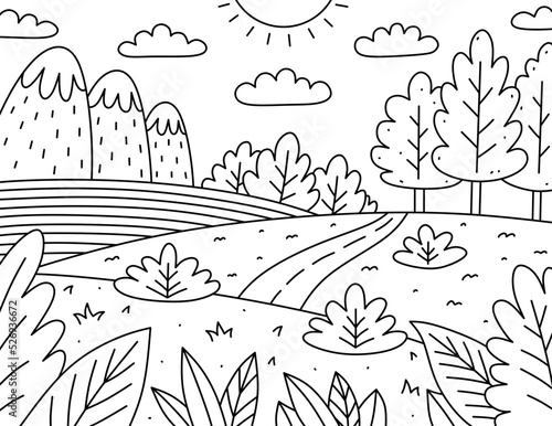 Cute kids coloring page. Landscape with clouds, mountains, field, road and bushes. Vector hand-drawn illustration in doodle style. Cartoon coloring book for children.
