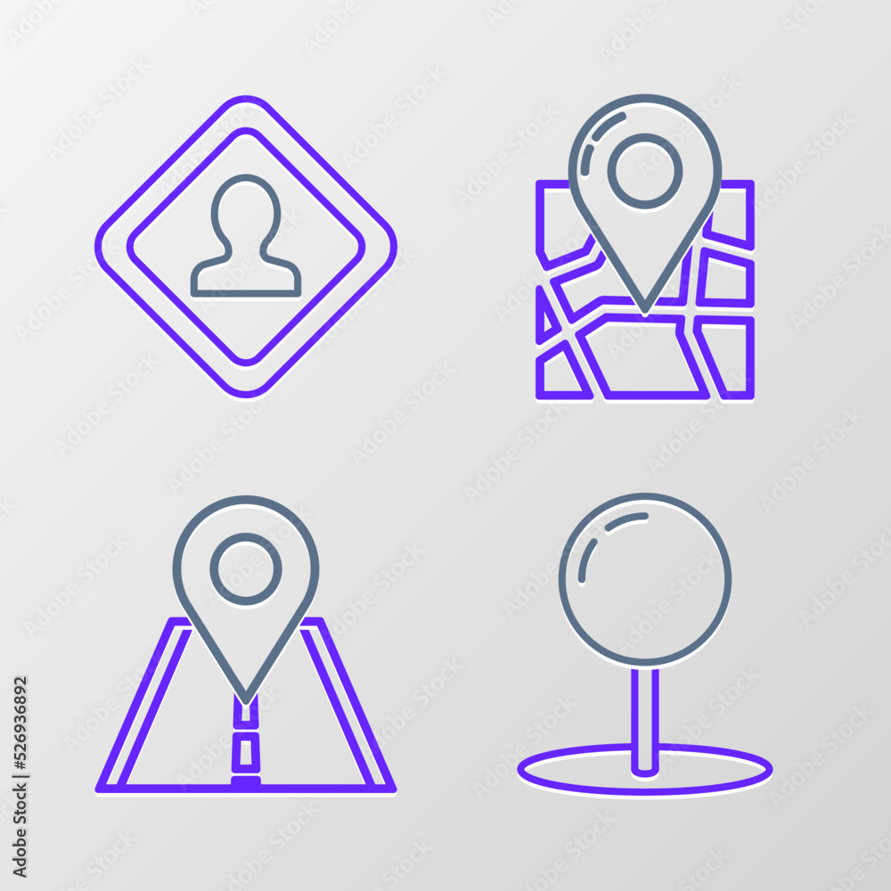 Set line Push pin, Road traffic sign, Folded map with location marker and icon. Vector Set line Push pin, Road traffic sign, Folded map with location marker and icon. Vector