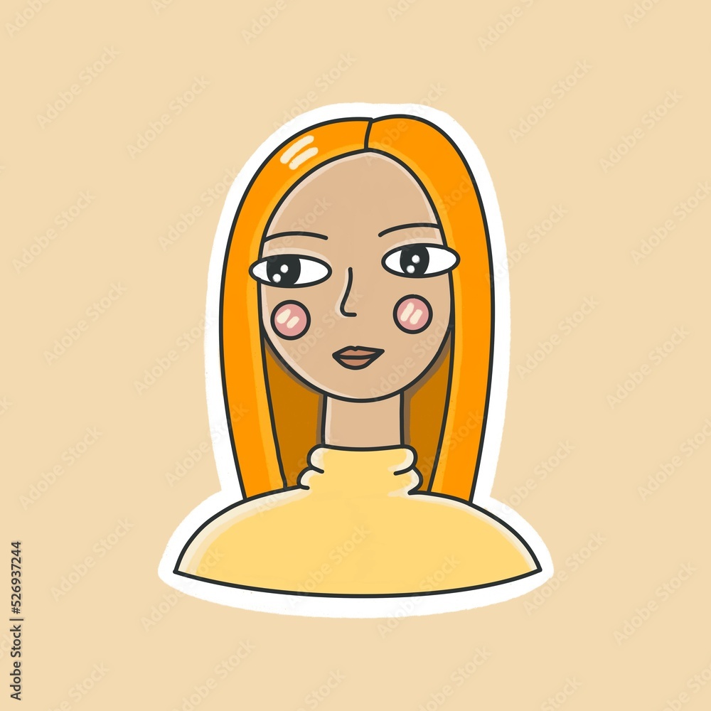 girl with orange hair isolated on light background, cartoon illustration