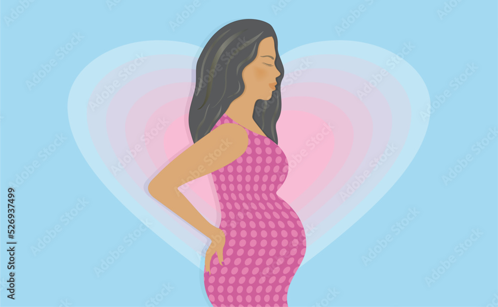 Lovely pregnant woman in profile. Heart in background. Vector illustration.
