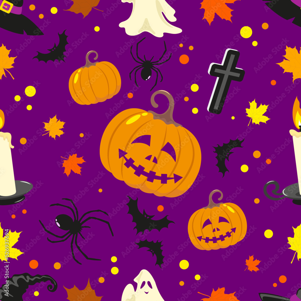 Halloween seamless pattern with colorful holiday symbols and maple leaves on purple background