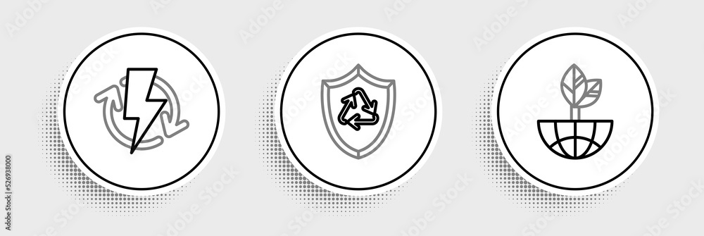 Set line Earth globe and leaf, Recharging and Recycle symbol inside shield icon. Vector Set line Earth globe and leaf, Recharging and Recycle symbol inside shield icon. Vector