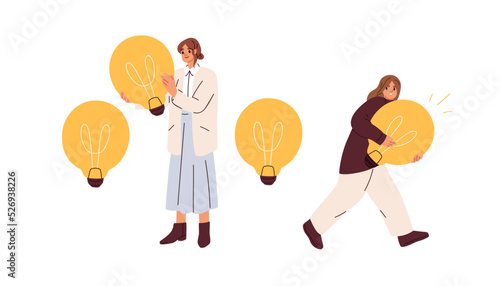 Stealing creative idea, plagiarism, theft concept. Intellectual property, copyright infringement, violation. Thief with stolen lightbulb. Flat graphic vector illustration isolated on white background