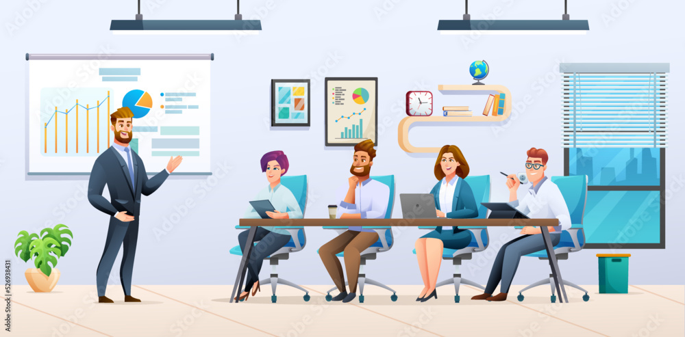 Business people conference discussing a business strategy in office illustration. Business meeting concept in cartoon style