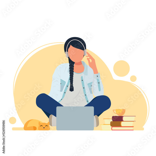 A girl wearing headphones sits in front of her laptop. Distance learning. Work at home. Vector illustration.