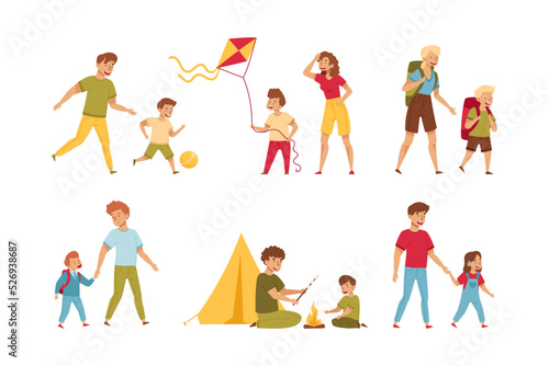 Man and Woman Parent with Kids Enjoying Different Activity Together Vector Set