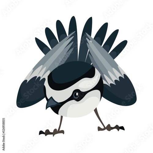 Tit bird in standing position. Titmouse in cartoon flat style beautiful character. Vector illustration isolated on white background
