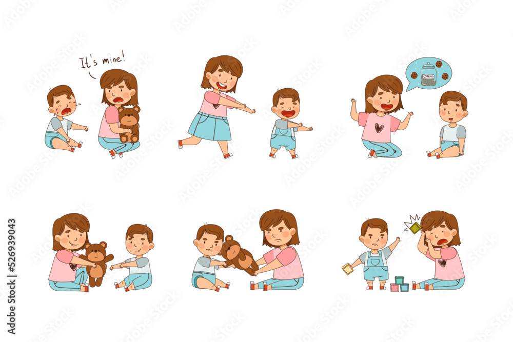 Sister with Her Little Brother Engaged in Different Activity Playing Together Vector Set Sister with Her Little Brother Engaged in Different Activity Playing Together Vector Set