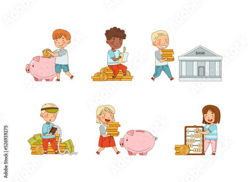 Financial Literacy with Little Kids Having Money Saving Vector Set